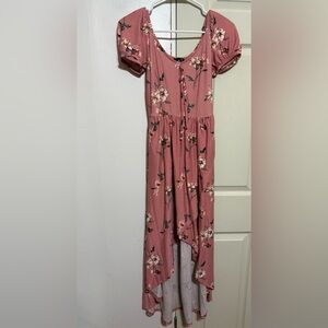 Floral Puff-Sleeve High-Low Maxi Dress in Dusty Rose